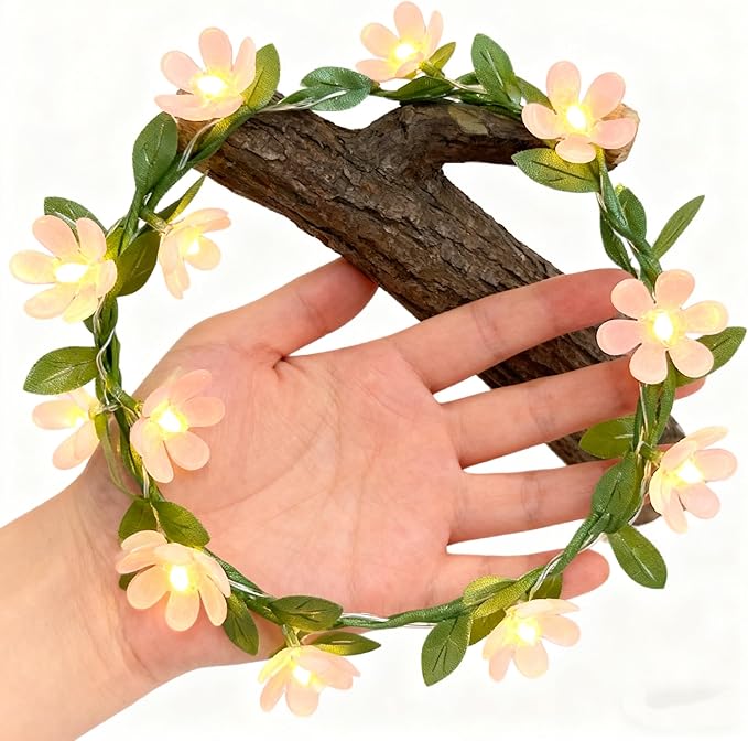 Pink Flower String Lights Tiny Leaf Ivy String Lights 9FT with 30 Flower Lights Battery Powered Waterproof Pink Fairy Lights for Outdoor Garden,Wedding Bedroom Party Wall Décor (8 Mode)