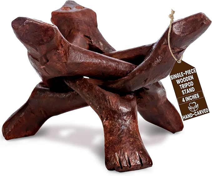 Alternative Imagination Wooden Tripod Display Stand – 4-Inch Hand Carved Holder Made from Sustainable Mango Wood – Folding Reddish-Brown Stand for Abalone Shell, Crystal Ball, Key Bowl, Trinket Dish, Incense, Decor and More