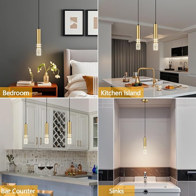 Pendant Lights Kitchen Island, Crystal Pendant Light Fixtures Mini 6W LED Modern Kitchen Pendant Lighting Over Sink and Living Room and Bedroom (Gold 2 Pack)