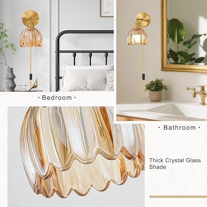 Plug in Wall Sconces Set of 2, Vintage Wall Lamp with Plug in Cord Amber Tulip Shade Decor Indoor, Gold Wall Light for Bedroom Bedside Kids Living Room Bathroom