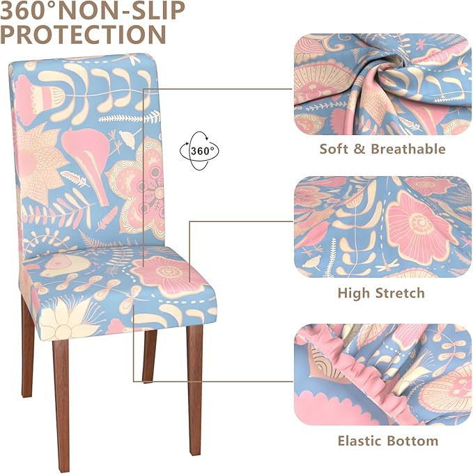 Stretch Dining Chair Covers Set of 6,Floral Print Chair Covers,Soft Removable Washable,Pet Friendly Furniture Protector,Universal Chair Slipcovers for Home, Kitchen,Ceremony Dining Room Seat