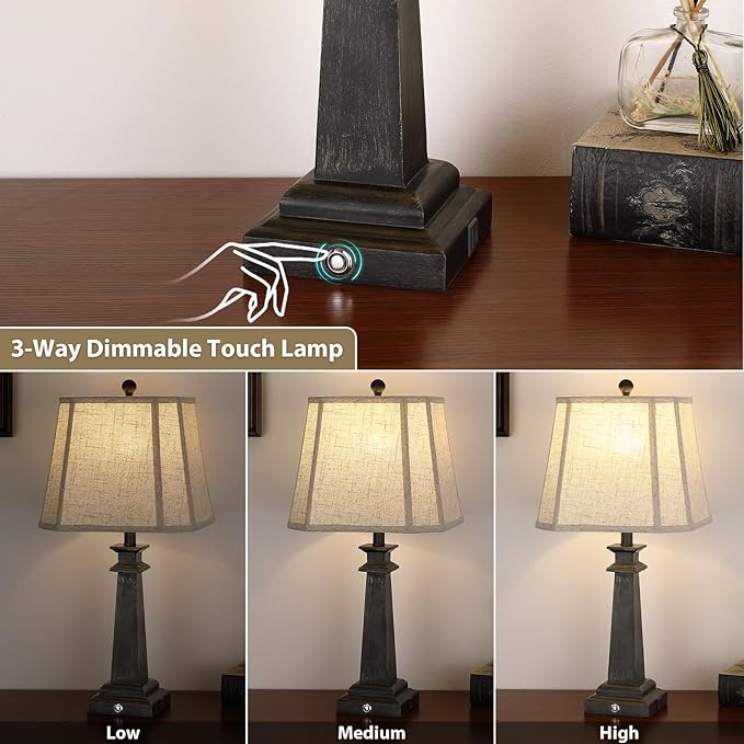 27.5" Table Lamps Set of 2, 3-Way Dimmable Touch Lamps for Nightstand, Farmhouse Table Lamp for Living Room and Bedroom with USB A+C Charging Ports, Bulbs Included (Black)
