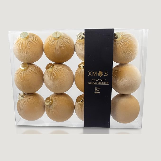 12PCS Velvet Christmas Ornaments Set – Large Flocked Shatterproof Baubles for Xmas Tree Decoration, Hanging Ornaments for Holiday & Home Décor (Gold, 4 Inch / 10 cm)