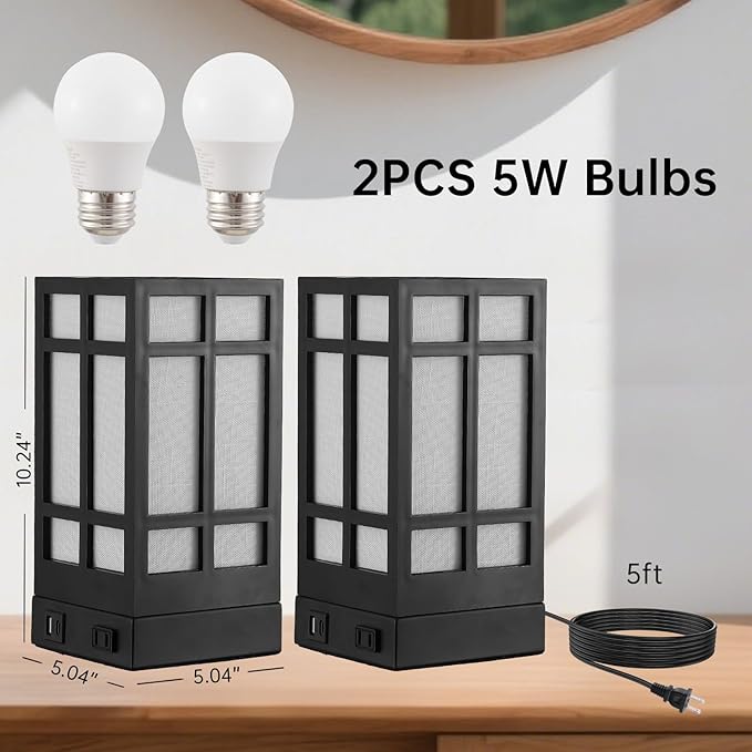 Beside Table Lamp set of 2 with AC Outlet, USB A & C Charging Port,Small Rectangular Nightstand Lamp with Bamboo Linen Shade,LED Bulbs Included,Tabletop Reading Lamp for Living Room/Dorm/Office