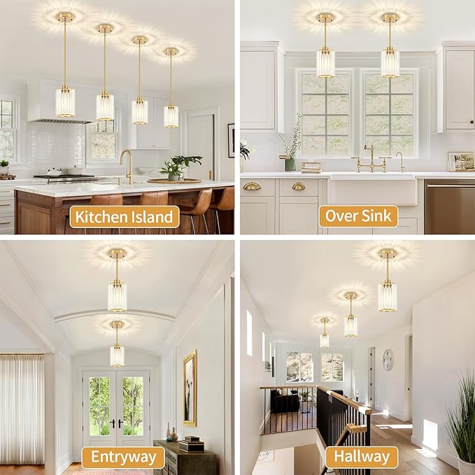 Pendant Lights Kitchen Island, Modern Brushed Gold Pendant Light Fixtures, Kitchen Hanging Lights Mini Chandelier Crystal Pendant Lighting for Island Dining Room Hallway Bedroom