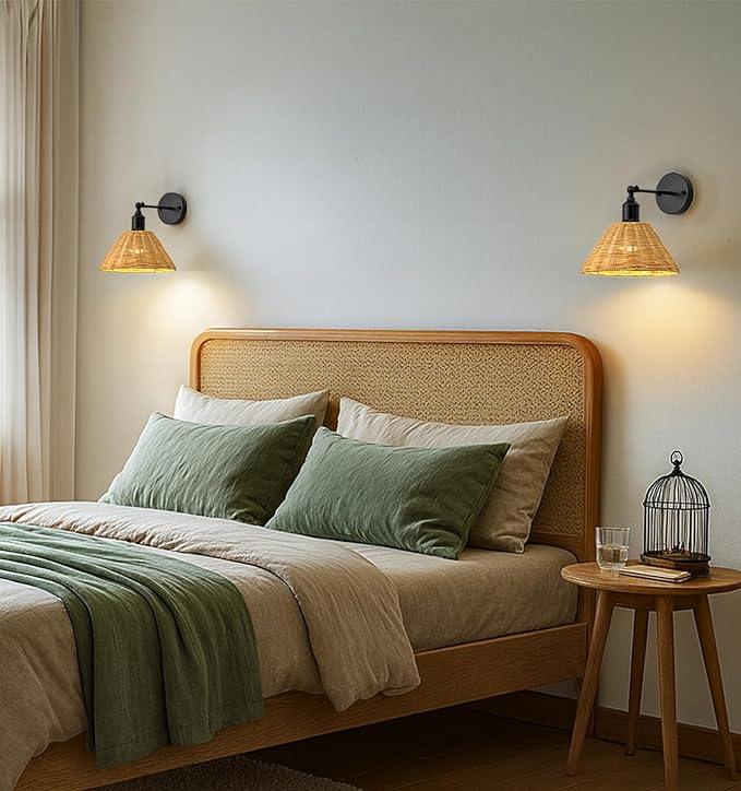 2 Pack Battery Operated Bamboo Rattan Wall Sconce, Black Vintage Rattan Dimmable Sconce, Unique Bohemian Style Design for Bedroom, Living Room, Kitchen
