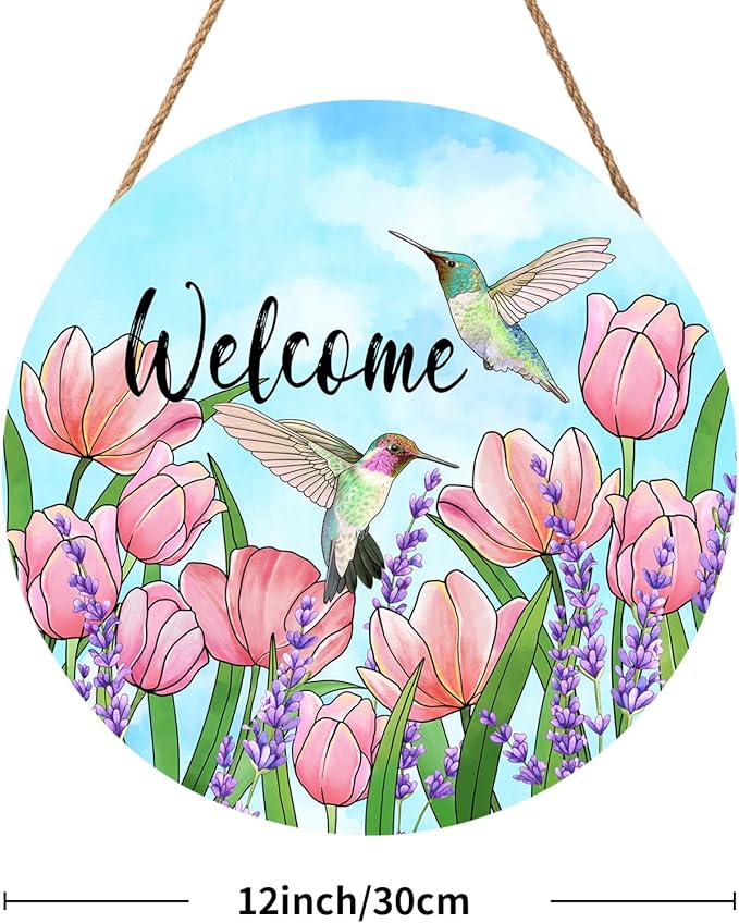 Welcome Spring Hummingbirds Sign for Front Door Decor Spring Floral Wood Door Hanger Sign Spring Summer Decorations Seasonal Farmhouse Wreath Wall Hanging Sign for Home Outdoor Outside Porch 12”x12”