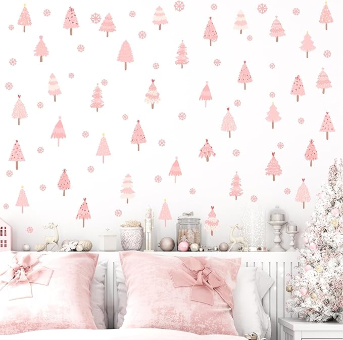 Pink Christmas Tree Wall Decals Merry Christmas Wall Stickers Peel and Stick Xmas Snowflake Sticker for Crafts Decoration Home Indoor Pink Pine Tree Decal for Kids Bedroom Winter Holiday Party Decor