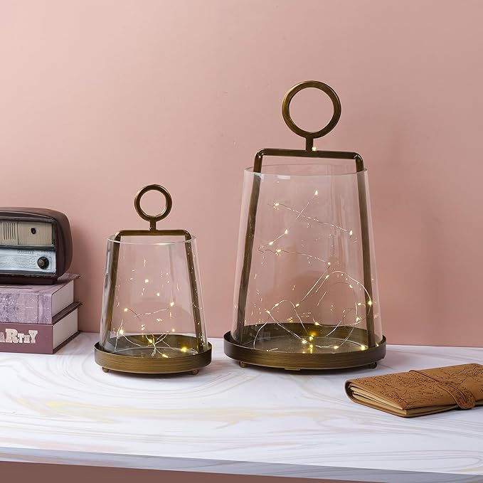 9" Wide Modern Farmhouse Metal Hurricane Candle Holder with Handmade Sturdy Glass Sleeve in Vintage Brass for Pillar Candle & Plants, Glass Hurricane Lantern, Industrial, Minimalistic