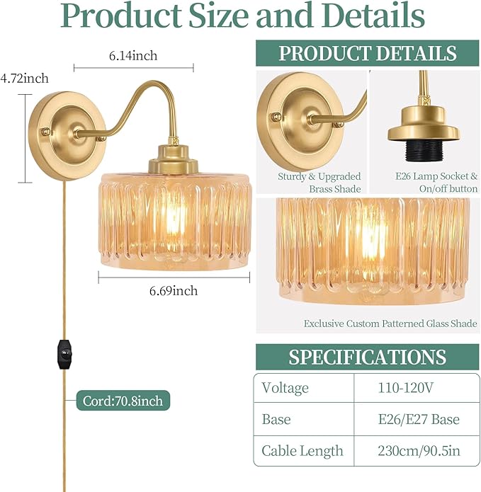 Vintage Plug in Wall Sconces,Dimmable Wall Sconces of Two,Wall Lamps with Plug in Cord & Flower Glass Lampshade,Gold Sconces Wall Decor Set of 2 Wall Lights Sconces for Bedroom