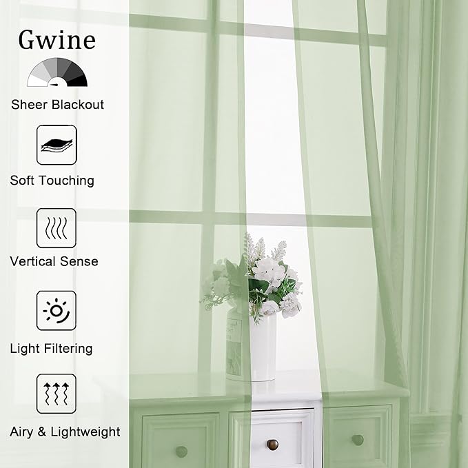 Gwine Light Green Sheer Curtain Tiers 24 Inch Length, Light Filtering Voile Short Curtain for Living Room Bedroom, Rod Pocket Cafe Curtains for Small Windows 42x24 Inch, 2PCS