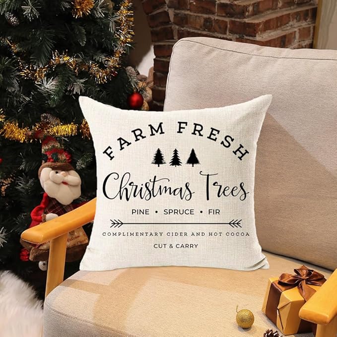MFGNEH Farm Fresh Christmas Trees Cotton Linen Throw Pillow Covers Christmas Decor Cushion Case 16 x 16 Inch for Sofa,Xmas Pillow Covers
