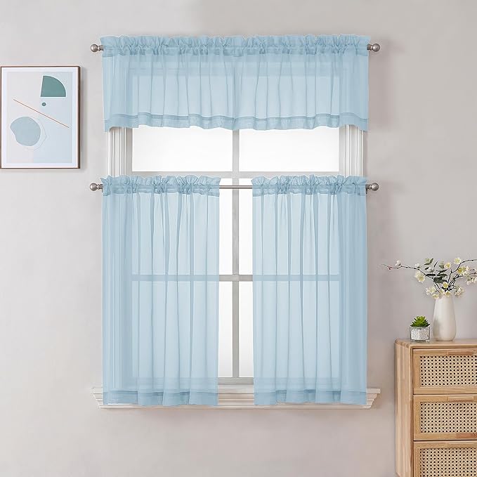 Gwine Sky Blue Sheer Curtain Tiers 24 Inch Length, Light Filtering Voile Short Curtain for Living Room Bedroom, Rod Pocket Cafe Curtains for Small Windows 42x24 Inch, 2PCS