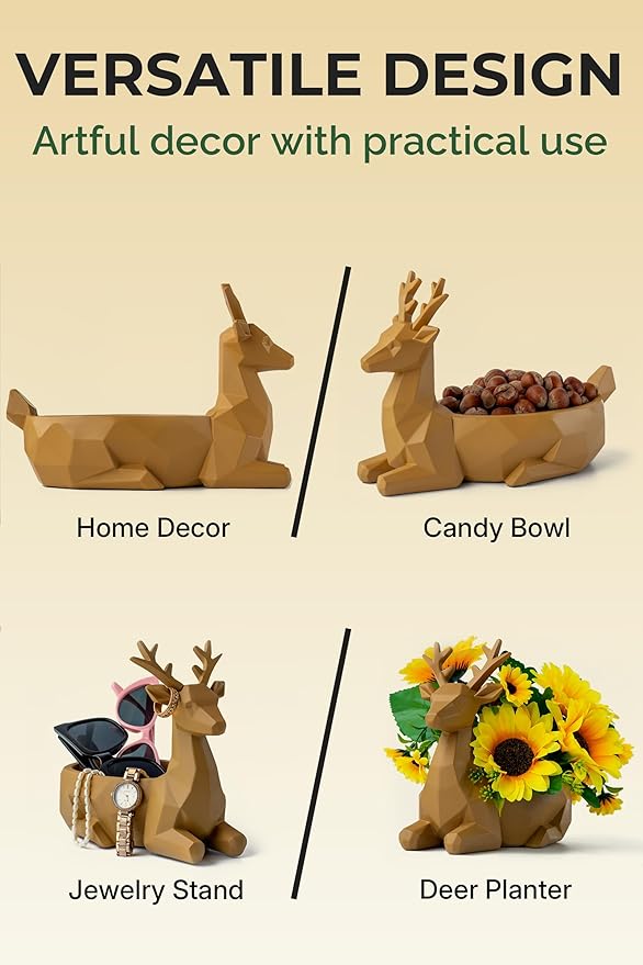 Low-Poly Deer Bowl, Christmas Decorations, Resin Reindeer Statue, Deer Candy Dish & Key Holder, Deer Desk Decor for Living Room, Entryway, Dining Table, Office, Shelves