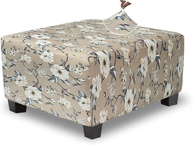 Ottoman Cover Square Slipcovers Printed,Stretch Footrest Stool Cover for Ottoman Square,Soft Foot Stool Cover Protector with Nonslip Elastic Bottom (Medium,Flower A)