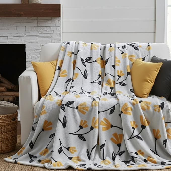 DaDa Bedding Floral Fleece Throw Blanket - Soft Faux Mink Flannel with Yellow Orange Tulips on Grey - Cozy & Elegant Home Decor - 63" x 90"