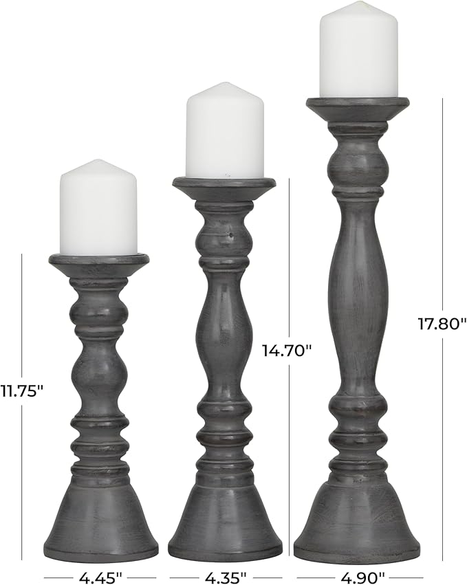 Deco 79 Wood Decorative Candle Holder Candle Stand, Set of 3 Candlestick Holder 18, 15, 12" H, Gray