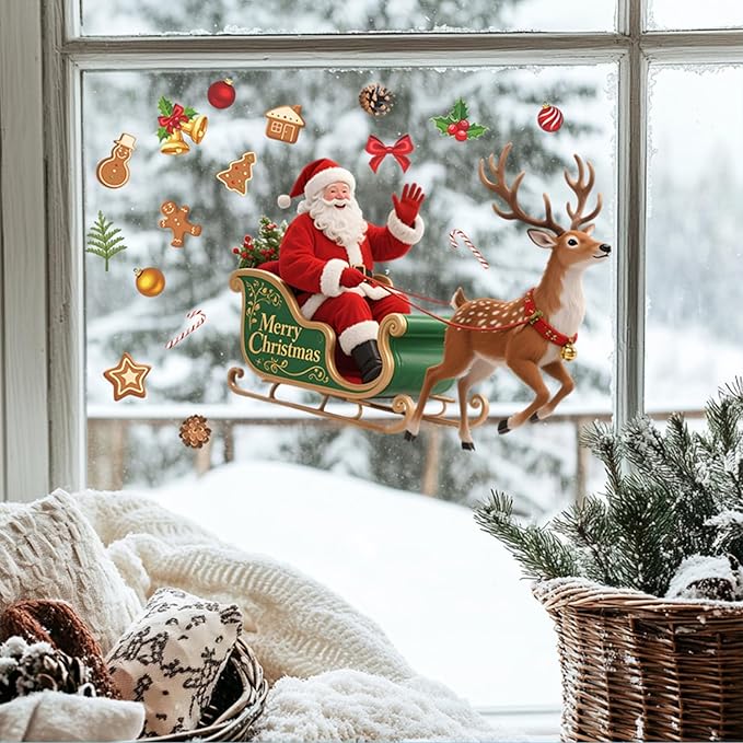 Santa Sleigh Christmas Wall Decals | Peel and Stick Holiday Decorations with Reindeer, Gingerbread & Ornaments – Removable Vinyl Stickers for Winter Wall, Window, Office & Seasonal Displays