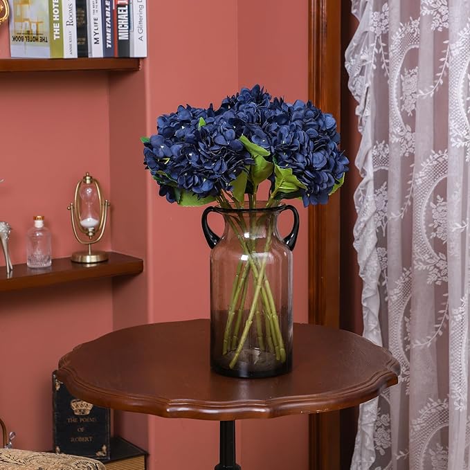 Kimura's Cabin 6pcs Navy Blue Artificial Silk Hydrangea Flowers Fake Hydrangeas with Stems Hydrangeas Bouquet for Wedding Home Halloween Party DIY Dining Table Decoration（Navy Blue）