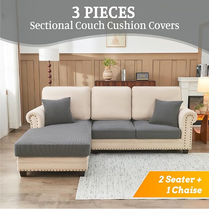 Sectional Couch Covers for Sofa Cushion L Shaped Couch Cover Washable Soft Couch Cushion Covers Stretch Sofa Slipcovers with 2 Pcs Pillowcases(3-Piece 2 Seater + 1 Chaise, Light Grey)