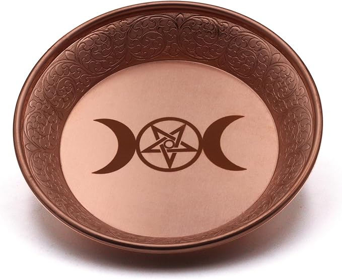 Copper Offering Prayer Ritual Bowl - Carving Moon Phase Brass Decorative Plate Great for use Smudging, Incense Burner Holder,Candle Dish, Ash Catcher,Jewelry Dish,Keys Basket