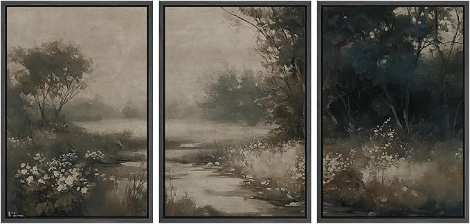 MUDECOR Framed Wall Art Print Set Vintage Landscape Subtle Forest and River in Earthy Tones Illustrations Modern Art Boho Decorative Colorful Chic for Living Room, Bedroom, Office - 16"x24"x3 Black