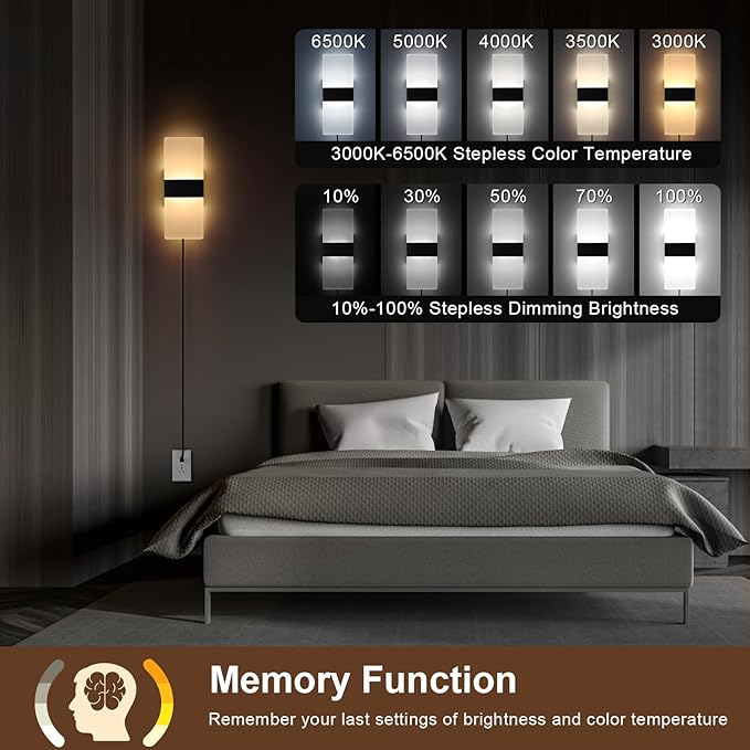 4 Pack Plug in Wall Sconces with Remote Control, Dimmable, Adjustable 3000K-6500K Colors, Black 12W Acrylic LED Plug in Wall Light, Wall Lamps for Bedroom Living Room Hallway Stair