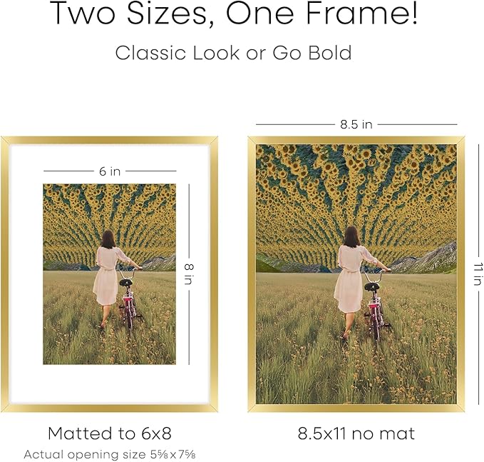 Homeforia 8.5 by 11 Picture Frame Gold, High End Metal 8.5x11 Poster Frames with Mat 6x8 Photo, 8.5 x 11 Frame Matted to 6 x 8 Print, 8.5by11 Wall or Tabletop Frame, Tempered Glass, Wall Kit, Set of 4