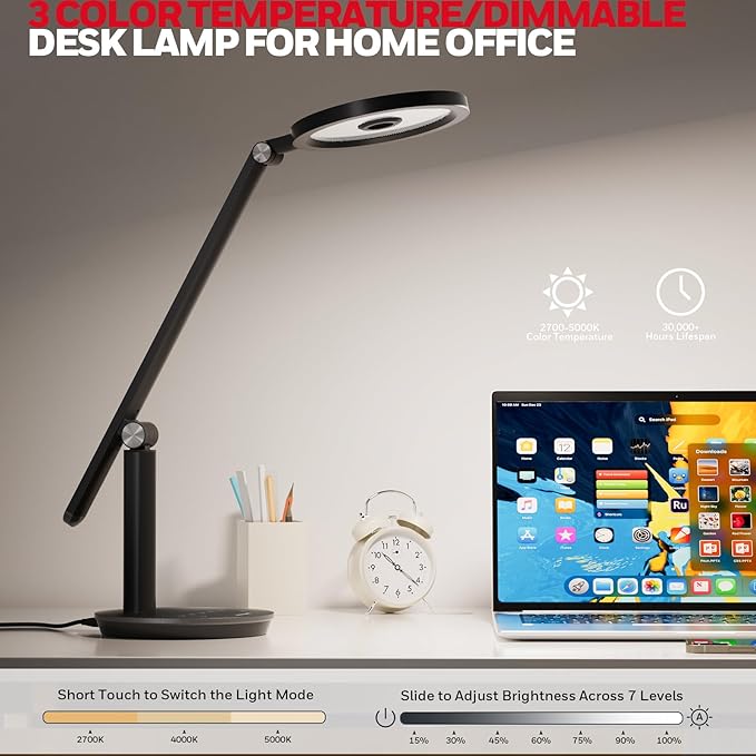 Honeywell Desk Lamp for Home Office, H6 Sunturalux™ Eye-Caring Led Desk Light, 800LM Dimmable Desk Lamp with Timer, Touch Control Tall Desk Reading Light, Table Lamp for Circle Webcam, Study, Bedroom