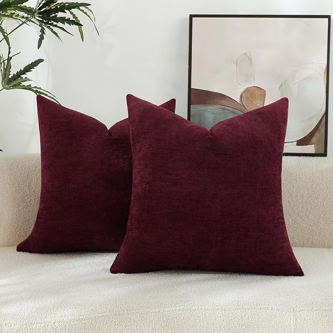 Burgundy Red Chenille Decorative Couch Throw Pillow Covers, Soft Cushion Cases for Home Livingroom Sofa Décor, Pack of 2, 14 x 14 Inches