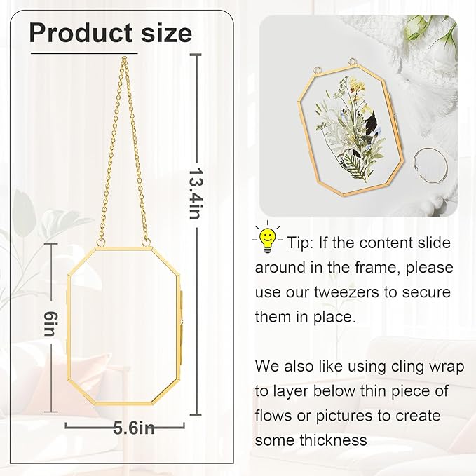 Pressed Flower Floating Frame with Tweezers,5.6x6inch, Gold Glass Hanging Brass Photo Frame with Chain, Double Clear Glass Vintage Octagon Design, Wall Craft Art Decor for Dried Plant Specimens Pictures Frame, Golden