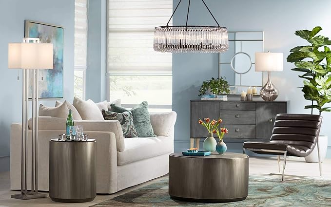 Possini Euro Design Swift Mid Century Modern Table Lamps 30.5" Tall Set of 2 Mercury Glass Chrome Double Sheer Drum Shade Decor Living Room Bedroom House Bedside Nightstand Home Office Entryway