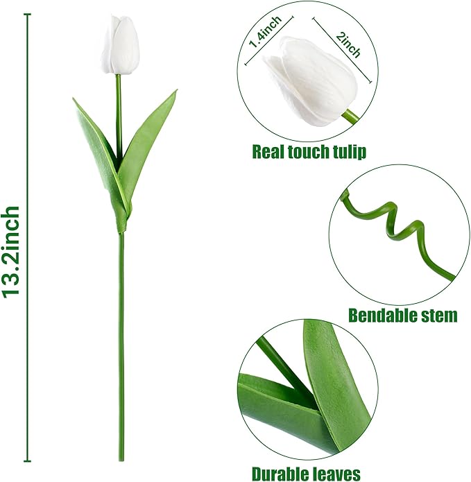 Sggvecsy 15 Pcs Fake Tulips Artificial Flowers Real Touch PU Faux Flowers Tulip Stems for Wedding Spring Bouquet Floral Arrangement Home Party Office Decorations for Mother's Day (White)