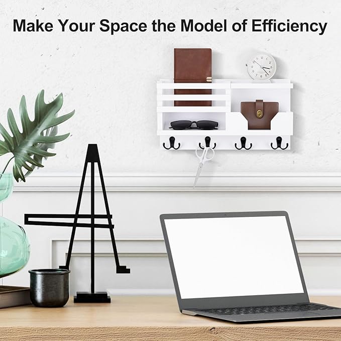 Mail and Key Holder for Wall – Decorative 15.9” x 8.7” x 3.2” Entryway Organizer with Shelf – Paulownia Wood with 4 Dual Hooks Includes Mounting Hardware and Installation Guide