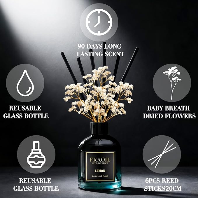 Lemon Reed Diffuser, Reed Diffuser Set 6.7 fl oz (200 ml) with 6 Reed Sticks, Home Fragrance Reed Diffuser for Bathroom Shelf House Bedroom Office Decor