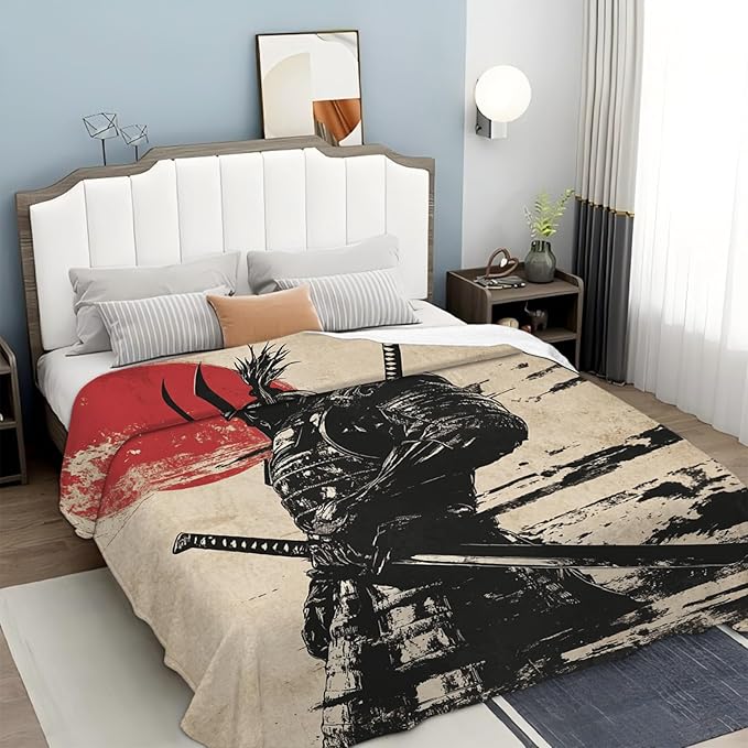 Tijuboni Japanese Samurai Throw Blanket Japanese Warrior Gifts for Men Women Girls Boys Kids Adults Soft Flannel Fleece Blanket for Couch Sofa Bed Home Decor 60"x80"