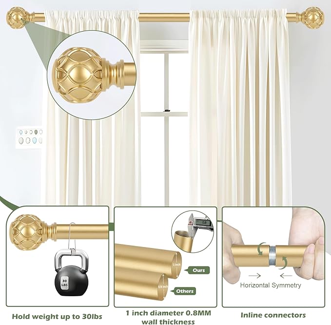 Gold Curtain Rods for Windows:Farmhouse Boho Decorative Curtain Rod for Bedroom Living Room,Heavy Duty Adjustable Rustic Drapery Rods Set with Vintage Coastal Texture Finials,Brass Gold 72-144"
