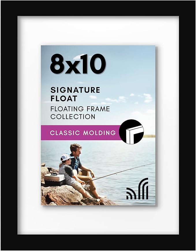Americanflat 8x10 Floating Picture Frame with Polished Crystal-Clear Glass - Use as 5x7 Picture Frame or Display 4x6 Photo - Signature Float Collection - Photo Frames for Tabletop or Wall - Black