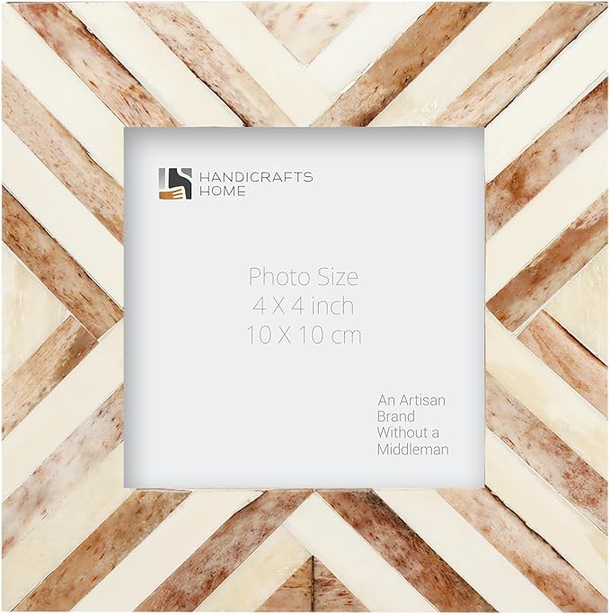 Handicrafts Home Brown Picture Frame Handmade 4x4 Bone Inlay Chevron Photo Frame- Boho Decorative Frame for Wall & Tabletop- Ideal for Living Room, Office & Bedroom Desk- Unique Artisan Holiday Gift