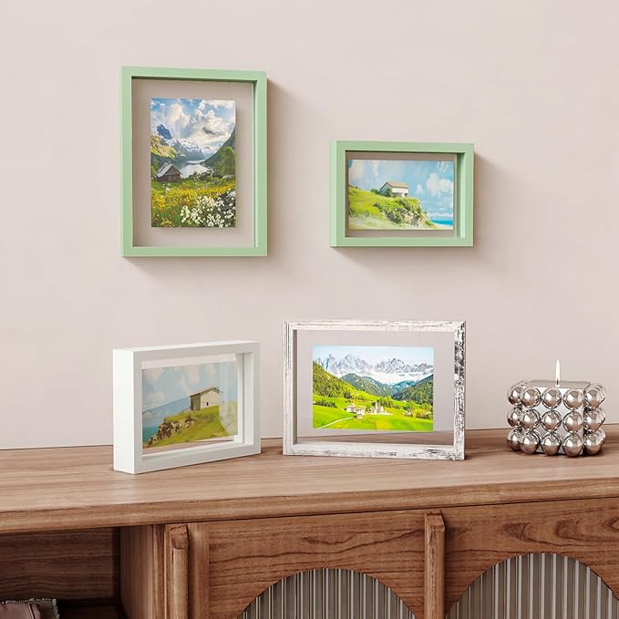Egofine 4x6 Floating Frames Set of 2, Double Plexiglass Picture Frame, Made of Solid Wood Display Any Size Photo up to 4x6, Wall Mount or Tabletop Standing, Green