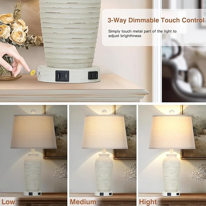 25" Retro White Farmhouse Jar Table Lamps for Living Room, 3 Way Touch Control Rustic Bedside Lamps with USB A+C Ports & AC Outlet, Pot Nightstand Lamps for Bedroom (LED Bulbs Included)