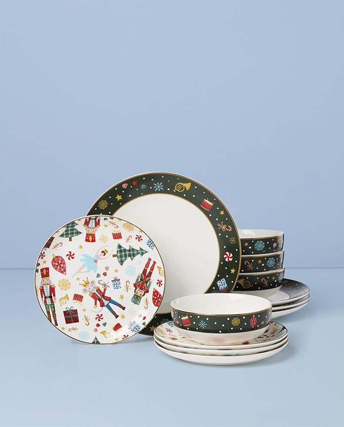 Lenox Dinnerware Set, Nutcracker Ballet 12-Piece Dinnerware Set, Service for 4, Made Of Porcelain, Dishwasher/Microwave Safe, Includes Plates and Bowls for Pasta and Salad, Christmas Decor (12 Piece)
