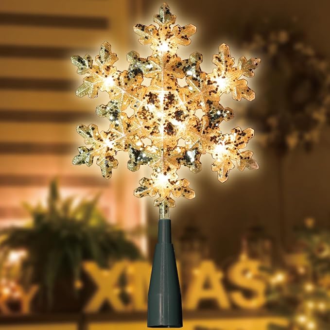 LAMPHOME 8.25" 10L Lighted Gold Snowflake Tree Topper，Glittering Snowflake Christmas Tree Topper, Warm White