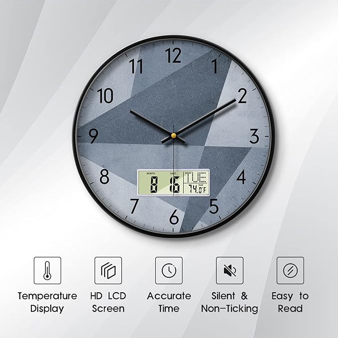 SCAOGE Industrial Wall Clock with Day Week Temperature Grayish Blue Non-Ticking Digital Clocks Large Display Battery Operated Wall Mount Analog Clock with Date for Living Room Bedroom Decor 14 Inch