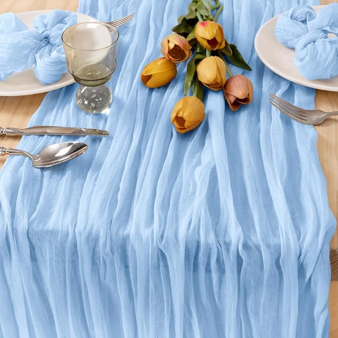 MLMC 12 Pack Baby Blue Cheesecloth Table Runner 10ft Rustic Light Blue Baby Shower Table Runner Bulk 35x120 Inches for Wedding Birthday Baby Shower Gender Reveal Decor