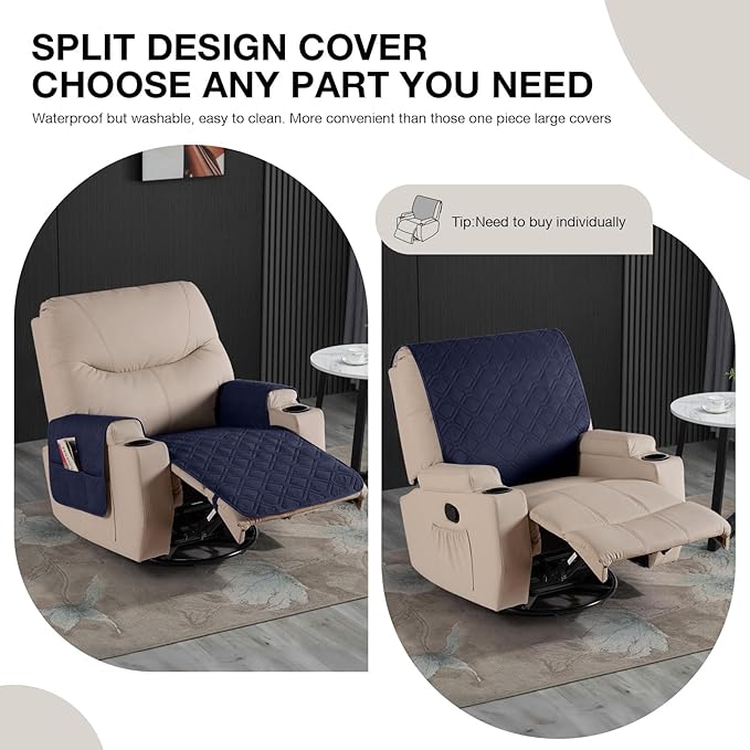 VANSOFY Recliner Chair Covers 100% Waterproof Seat Cover with Arm Reclining Cover Non-Slip Recliner Chair Covers Furniture Protector Washable Slipcover with Pocket for Pets, Dogs(Dark Blue, 22")