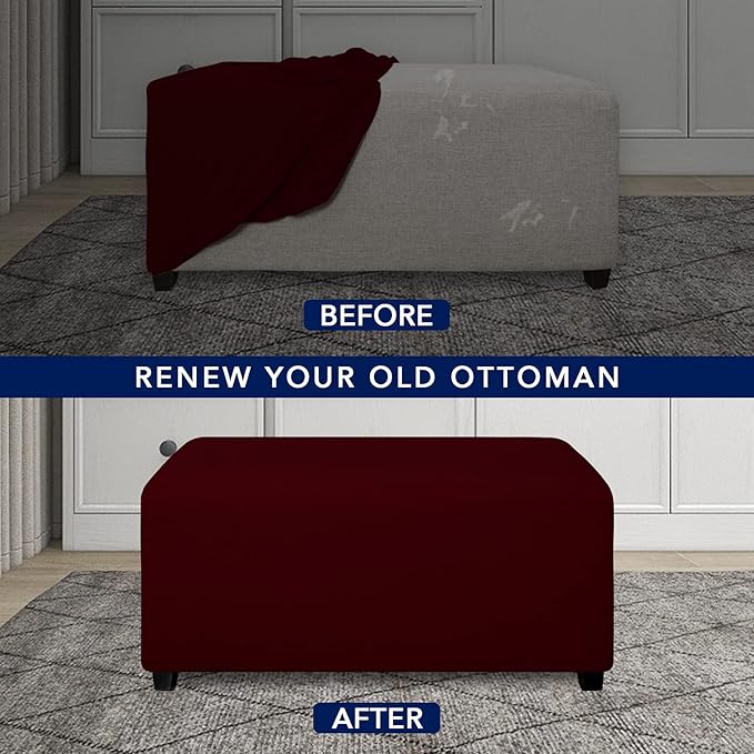 PureFit Super Stretch Soft Form Fit Ottoman Cover Rectangle - Ottoman Slipcovers for Foot Stool & Folding Storage Furniture for Living Room with Nonslip Elastic Bottom (Small, Wine)