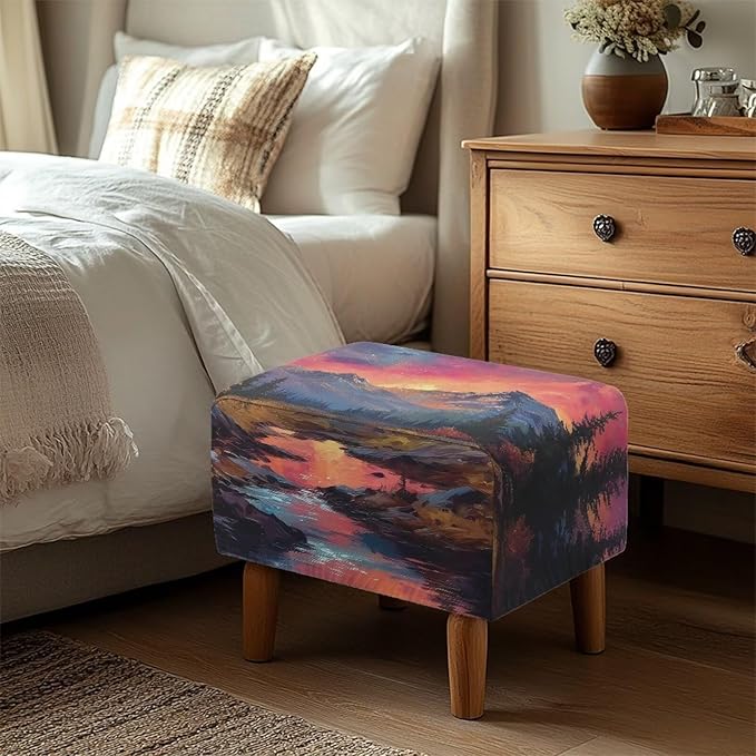 Mountain Oil Painting Ultra Soft Stretch Ottoman Cover Rectangular Ottoman Slipcover with Nonslip Elastic Band Foldable Portable Footrest Stool Cover for Travel Office Home Decor