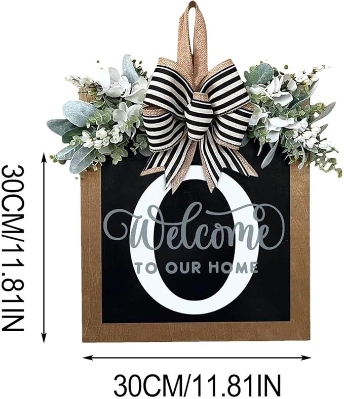 Last Name Year Round Front Door Wreath Front Porch Decoration 26 Letter Welcome Sign with Eucalyptus Garland and Bow Spring Wreaths for Front Door Outside Hanger Garland（O）