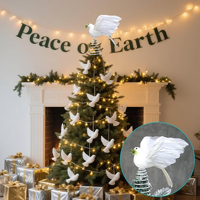 Retisee 9 Inch Dove Olive Christmas Tree Topper White Bird Christmas Tree Decoration Peaceful Flying Dove Ornaments Artificial Feather Flocked for Hanging Wedding Party Decor